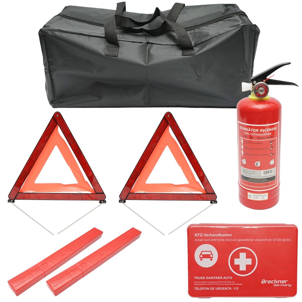 Kit siguranta auto, pachet legislativ obligatoriu de prim ajutor, trusa medicala, stingator, 2 triunghiuri