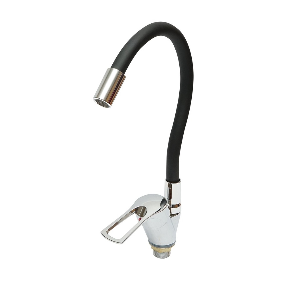 Baterie chiuveta bucatarie cu pipa flexibila, finisaj crom cu negru, stativ cu monocomanda, material aliaj zinc, accesorii incluse