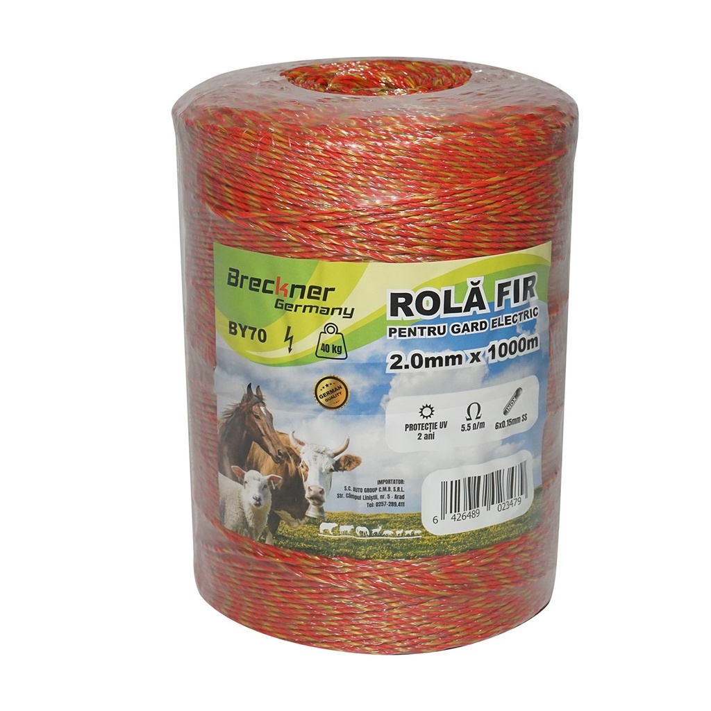 Rola fir galben-rosu fi 2mm, 6x0.15mm SS inox, 5.5 Ohm/m 1000m gard electric