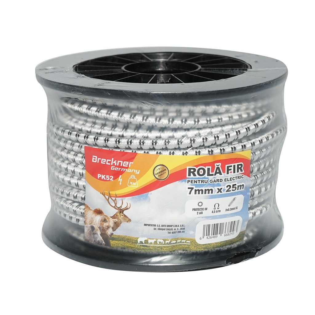 Rola fir elastic alb-negru fi 7mm, 3x0.3mm SS inox, 4.5 Ohm/m 25m gard electric