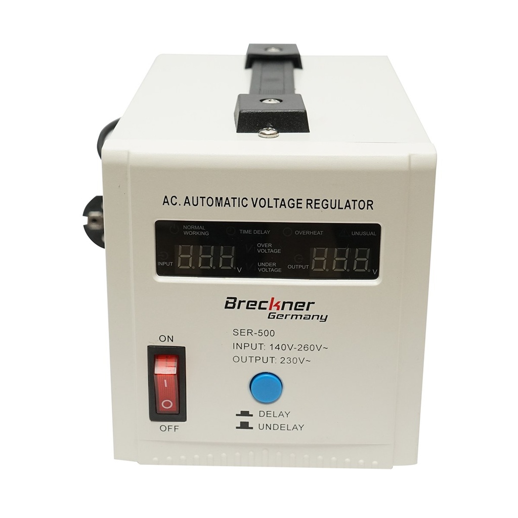 Stabilizator automat de tensiune 500VA, 140-260V cu releu monofazat, 2 prize schuko 230V, afisaj LCD