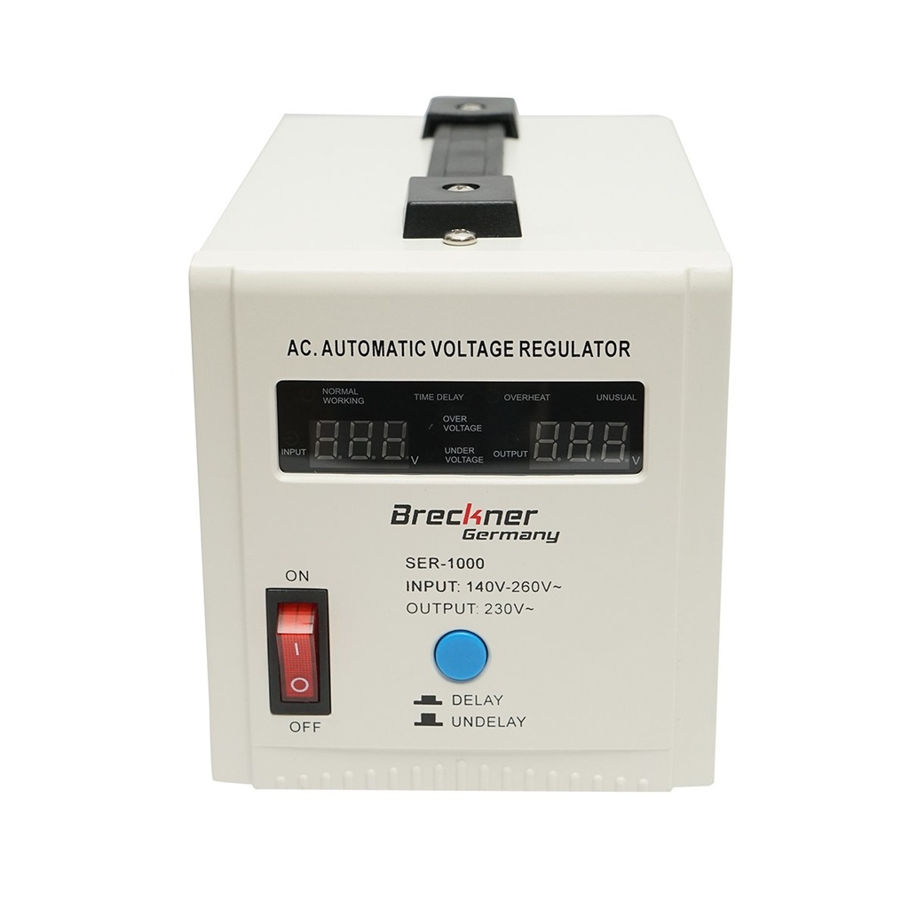 Stabilizator automat de tensiune 1000VA, 140-260V cu releu monofazat, 2 prize schuko 230V, afisaj LCD