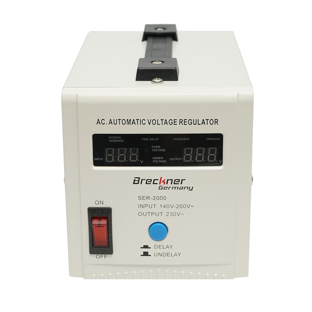 Stabilizator automat de tensiune monofazic cu releu 2000VA, 140-260V, 2 prize schuko 230V, afisaj LCD