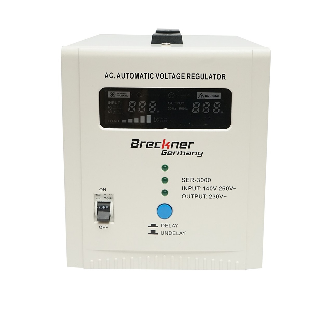 Stabilizator automat de tensiune 3000VA, 140-260V cu releu monofazat, 2 prize schuko 230V, afisaj LCD
