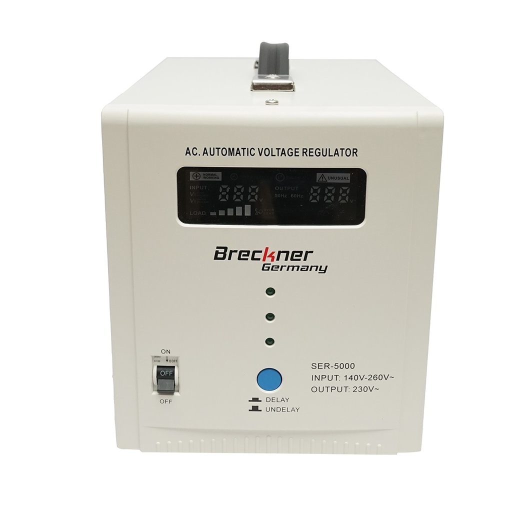 Stabilizator automat de tensiune 5000VA, 140-260V cu releu monofazat, 2 prize schuko 230V, afisaj LCD