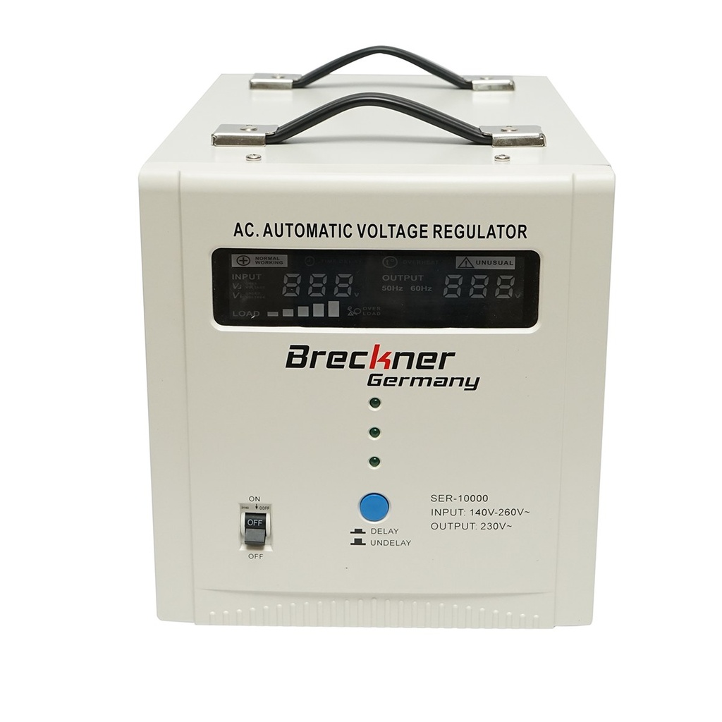 Stabilizator automat de tensiune 10000VA, 140-260V cu releu monofazat, 2 prize schuko 230V, afisaj LCD