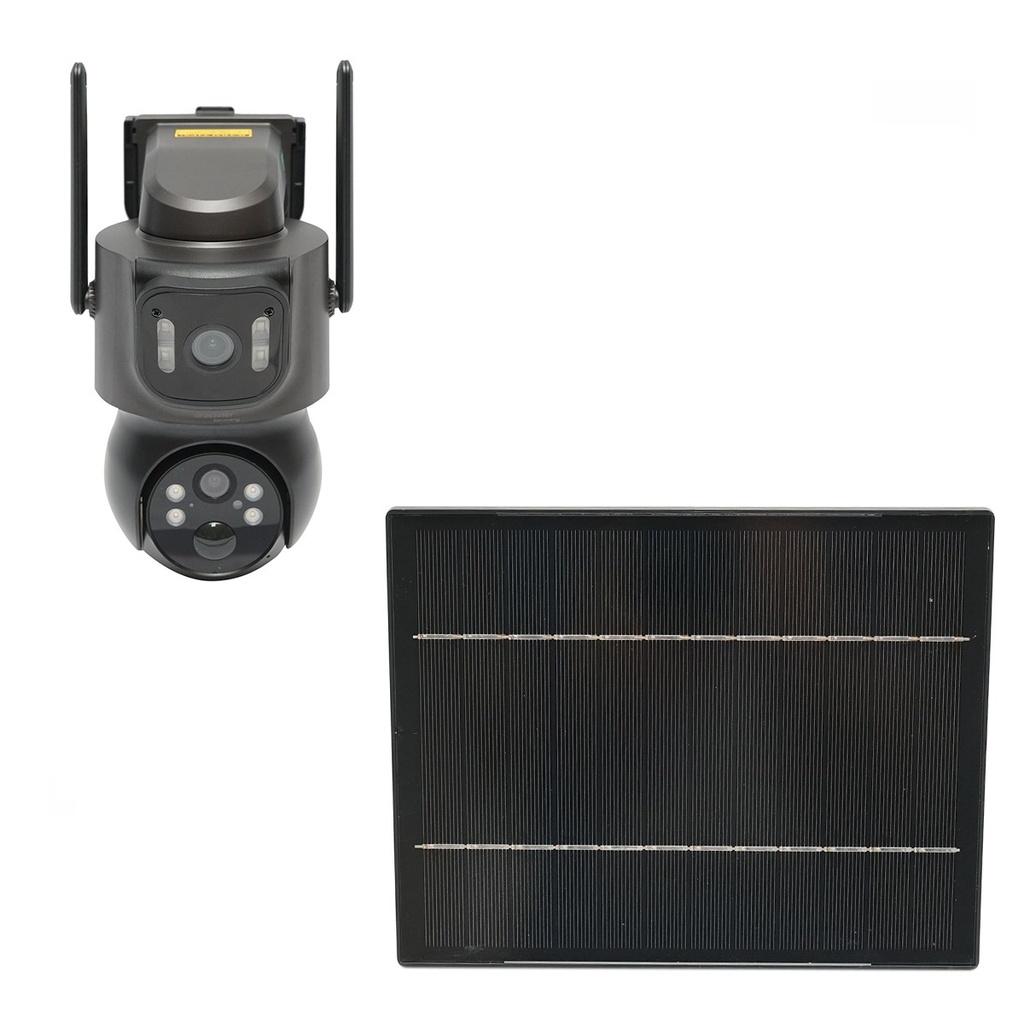 Camera supraveghere lentila duala 4 MP cu panou solar 5W, baterie 18650 incarcare rapida, WIFI 2.4 GHz, rotativa 360 grade PTZ cu senzor de miscare, detectie umana PIR, alarma,