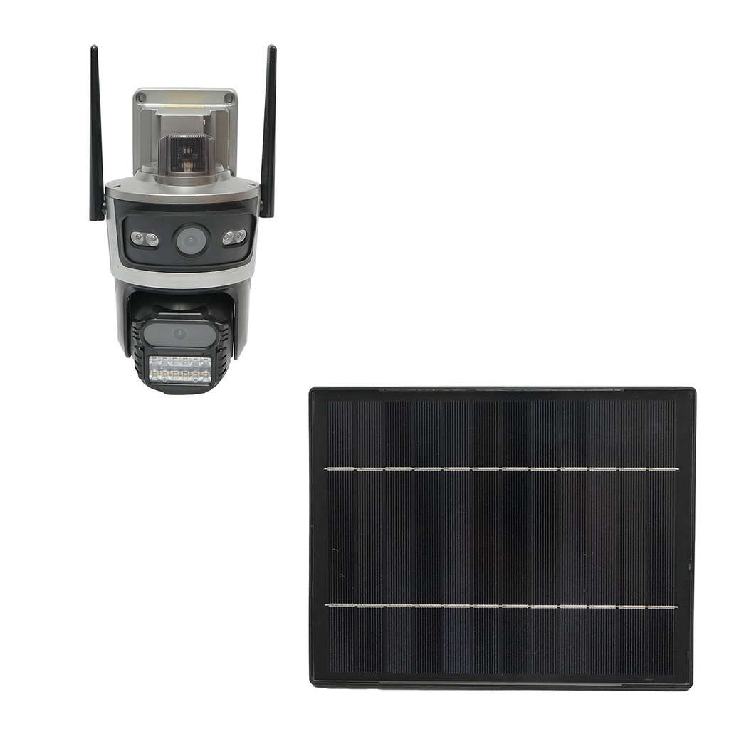 Camera supraveghere lentila duala 4 MP, 4G cu panou solar 7.6W, baterie 18650 incarcare rapida, rotativa 360 grade PTZ cu senzor de miscare, detectie umana PIR, alarma, night