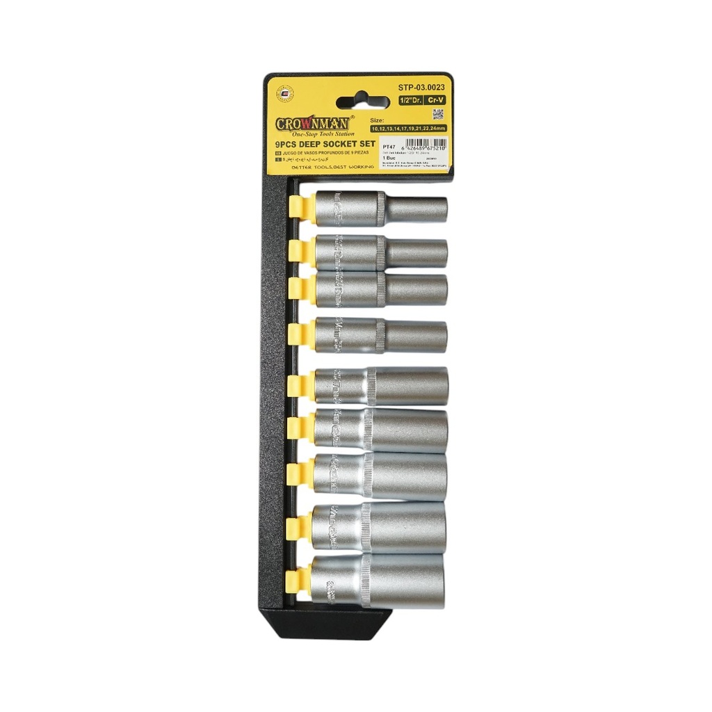 Set 9 chei tubulare lungi 10-24mm, patrat 1/2 inch, material Cr-V 50BV30 Crownman