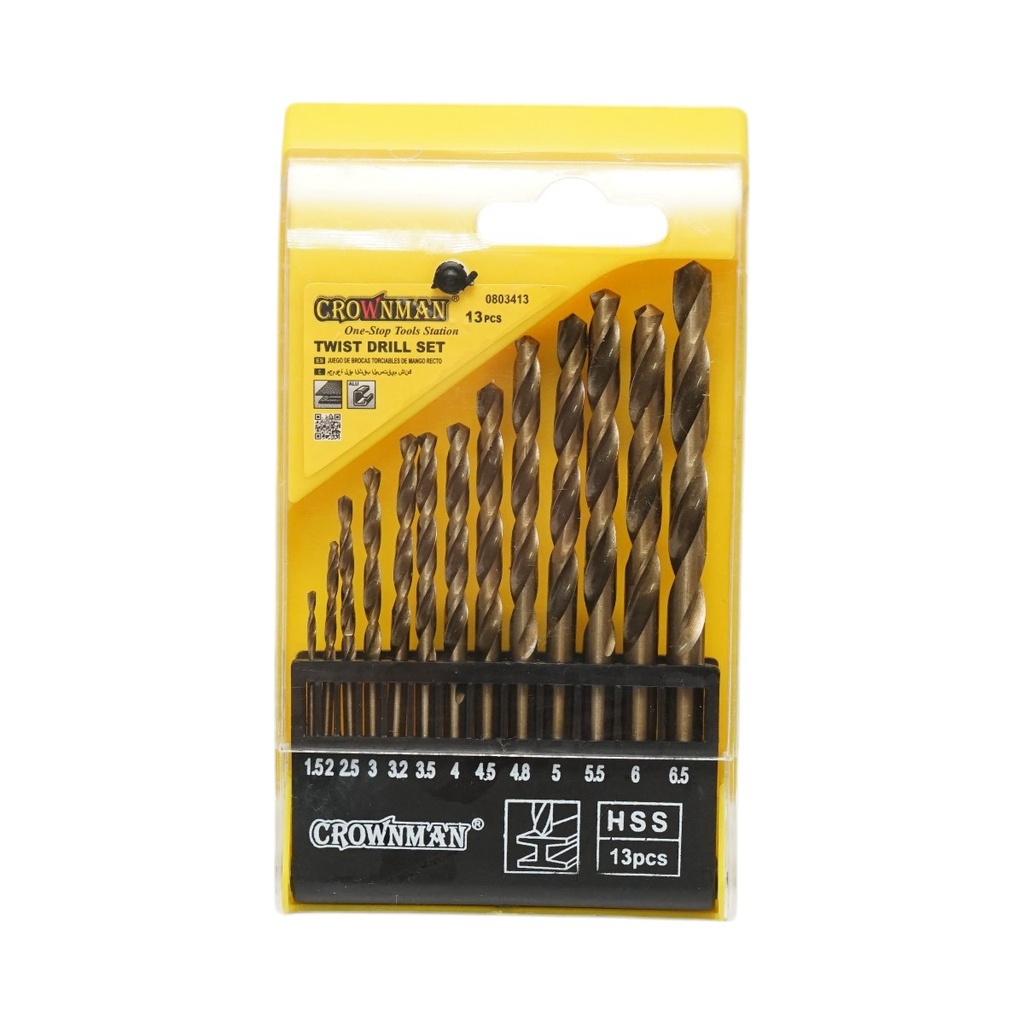 Set 13 burghie metal 1.5-6.5mm elicoidale HSS DIN 338 cu tija cilindrica Crownman