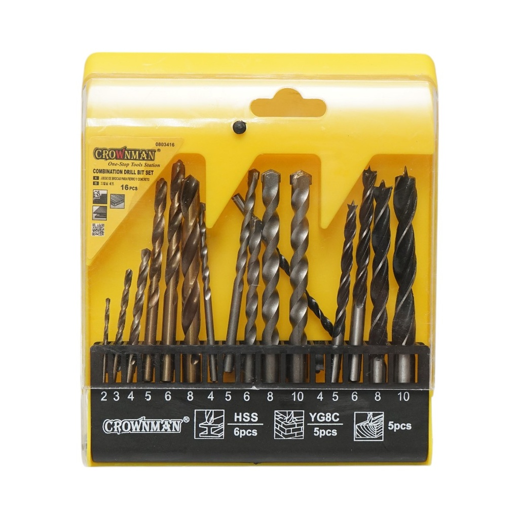 Set 16 burghie 2-10mm pentru lemn, metal, beton cu tija cilindrica Crownman