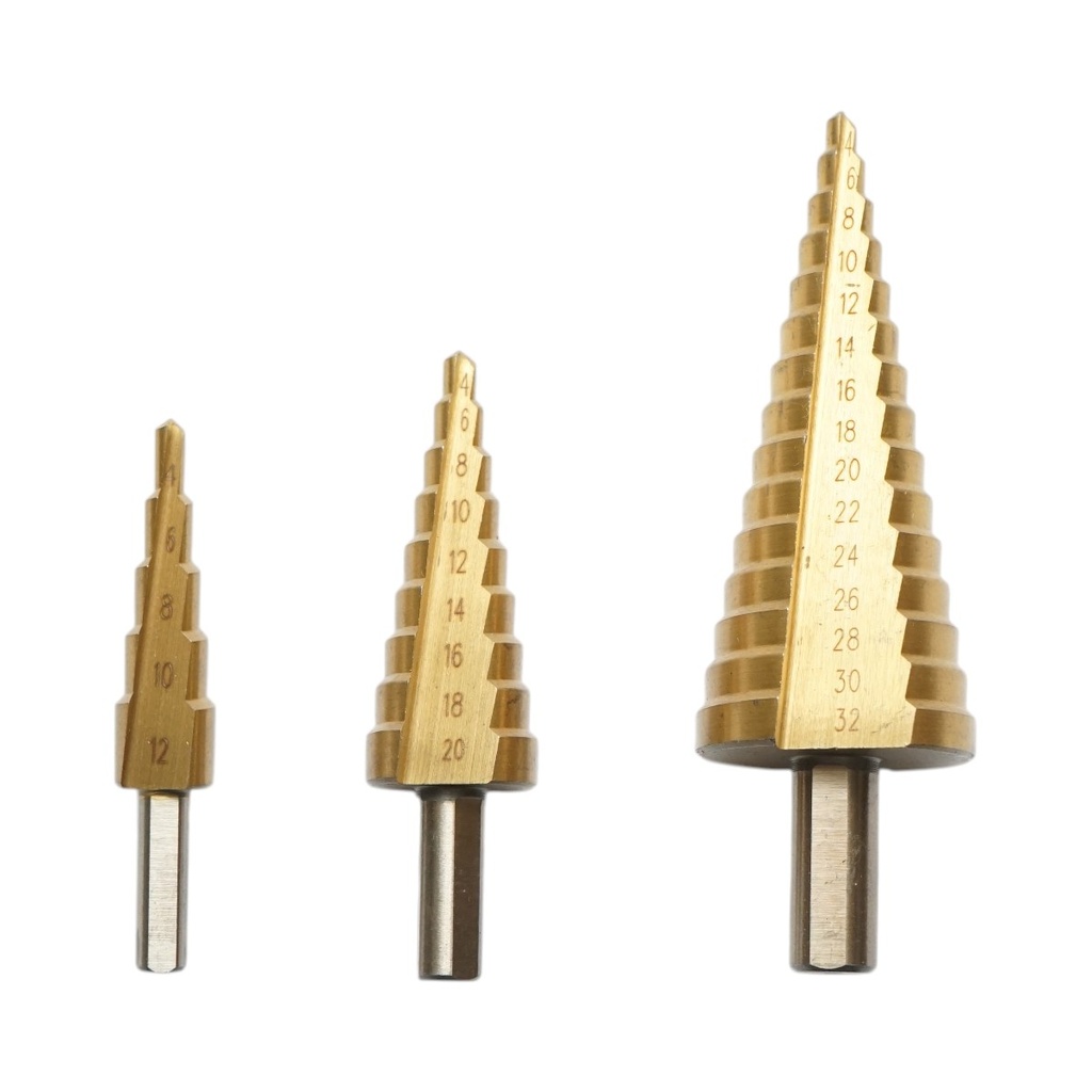 Set 3 burghie conice in 5 trepte 4-12mm, 9 trepte 4-20mm, 15 trepte 4-35mm din otel 4241 HSS pentru metal, aluminiu, lemn