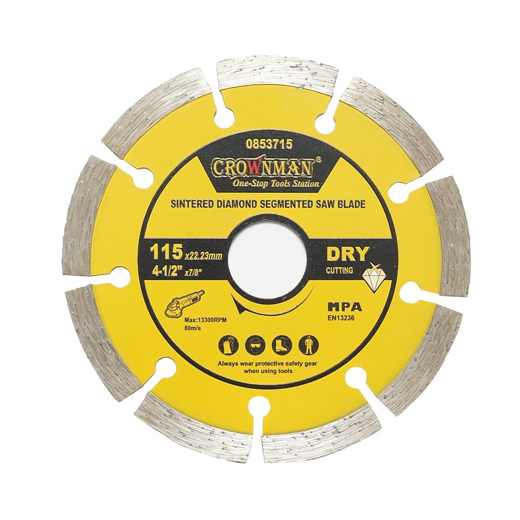 Disc diamantat segmentat 115x22.23mm, viteza max. 13300rpm, taiere uscata pentru beton, piatra, granit, marmura Crownman
