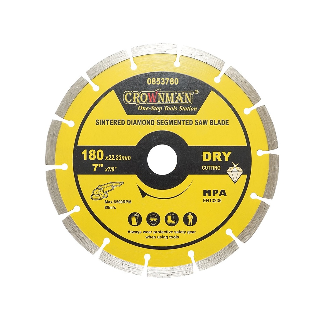 Disc diamantat segmentat 180x22.23mm, viteza max. 8500rpm, taiere uscata pentru beton, piatra, granit, marmura Crownman
