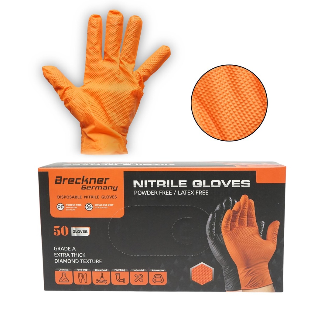 Manusi din nitril portocalii nepudrate cu textura diamond grip, marimea M 50 buc/cutie