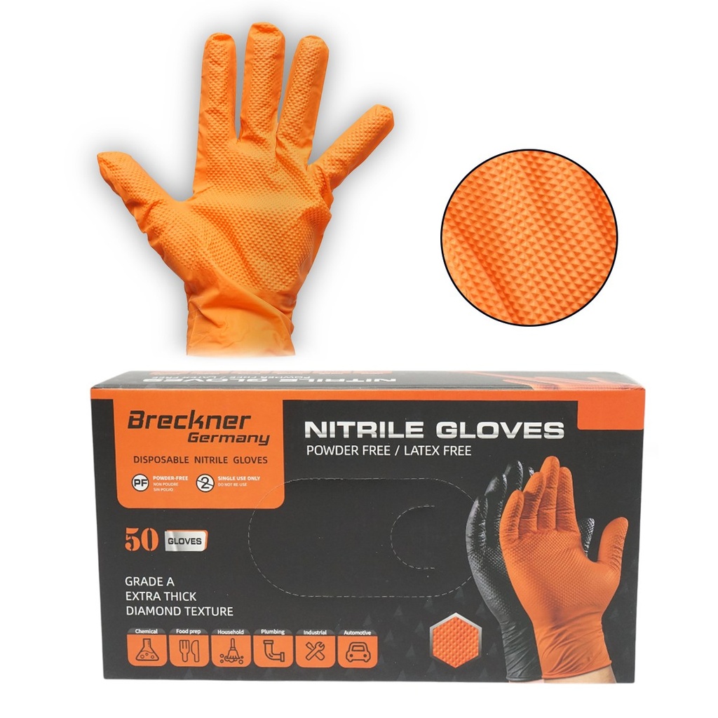 Manusi din nitril portocalii nepudrate cu textura diamond grip, marimea L 50 buc/cutie