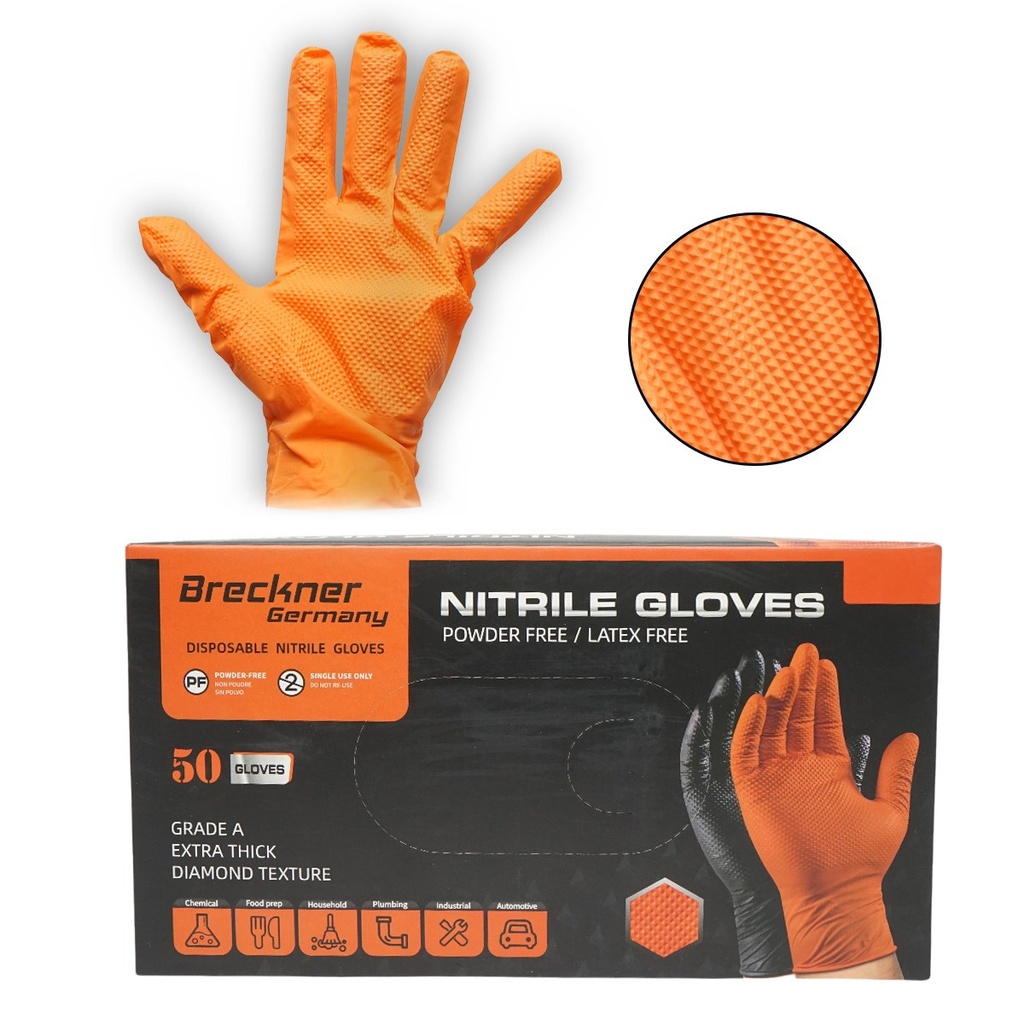Manusi din nitril portocalii nepudrate cu textura diamond grip, marimea XL 50 buc/cutie
