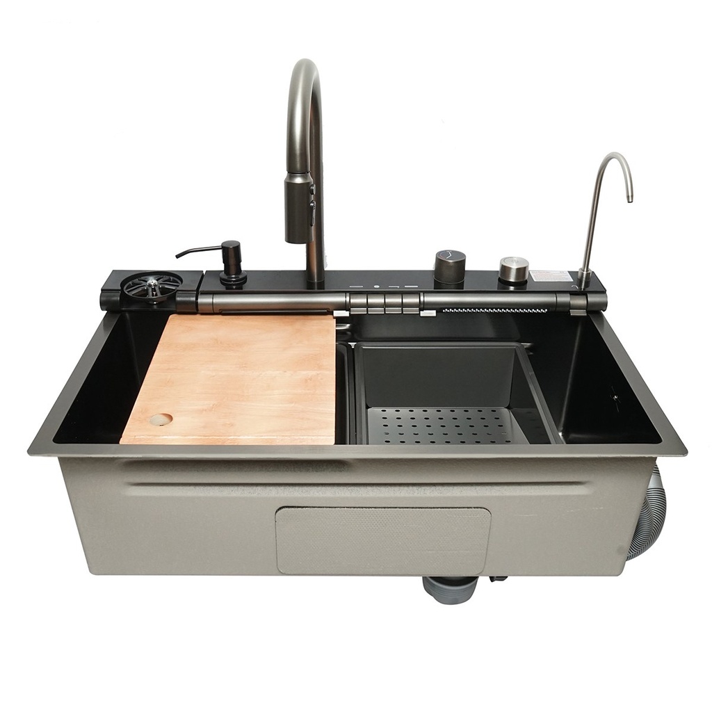 Chiuveta bucatarie multifunctionala din otel inoxidabil cu doua baterii, afisaj digital temperatura, doua cascade, spalator pahare, scurgator, tava, tocator si accesorii incluse,