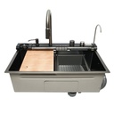 Chiuveta bucatarie multifunctionala din otel inoxidabil cu doua baterii, afisaj digital temperatura, doua cascade, spalator pahare, scurgator, tava, tocator si accesorii incluse,