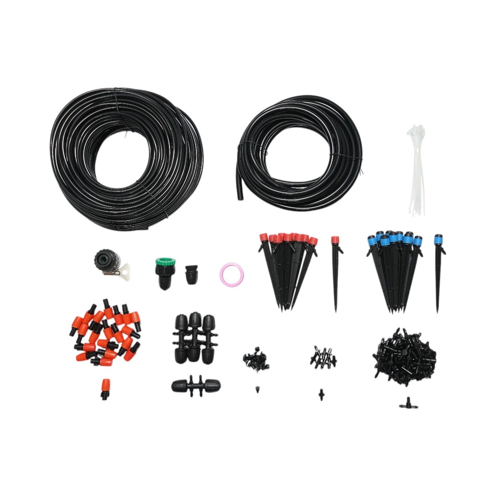 Kit complet irigare prin picurare si pulverizare cu 2 furtunuri 8m/62m, duze, microaspersoare, conectori 145 piese