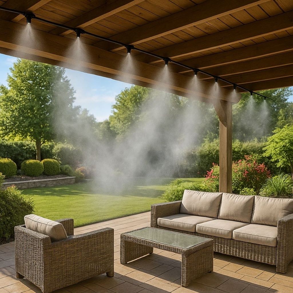 Kit complet pulverizare apa tip ceata cu furtun 20m, duze alama pentru terasa, gradina 65 piese