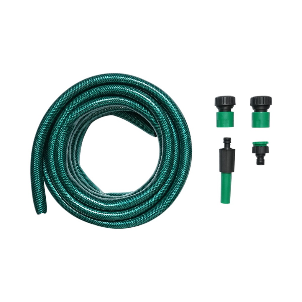 Set rola 7.5m furtun gradina PVC impletit 3/4 inch cu duza stropit reglabila, conectori si adaptor robinet 3/4-1/2 inch