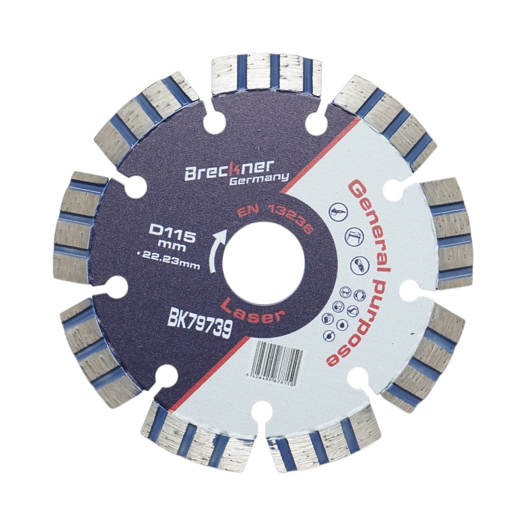 Disc diamantat turbo segmentat 115x22.23mm, segment 10mm pentru beton armat, piatra dura, pavele
