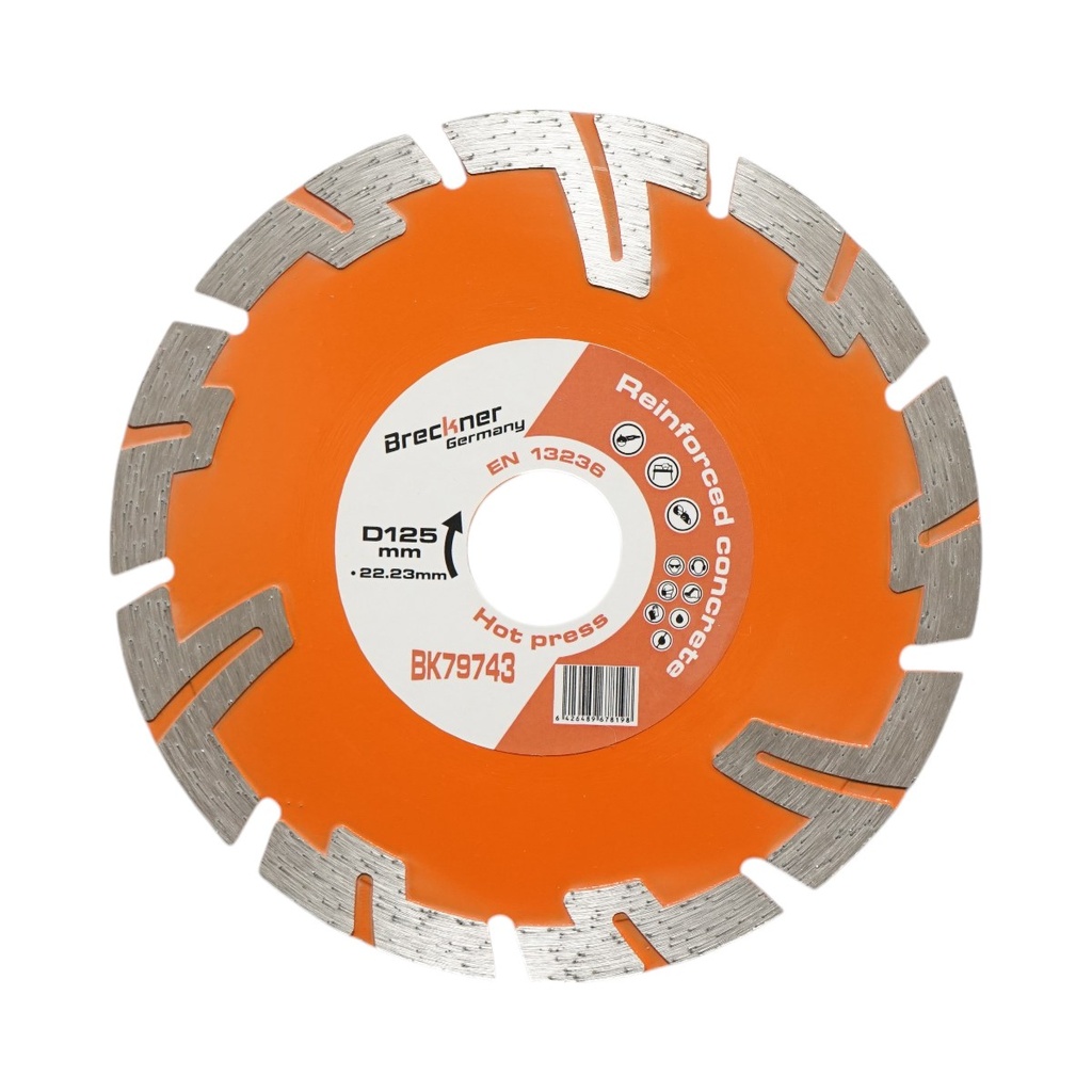 Disc diamantat turbo segmentat 125x22.23mm, segment 8mm pentru BCA, caramida, sapa, beton armat