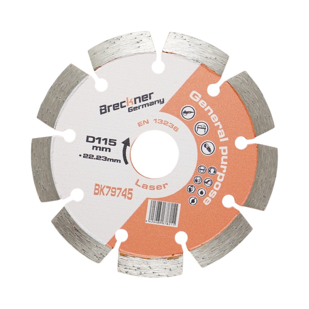 Disc diamantat segmentat 115x22.23mm, segment 10mm pentru caramida, beton, zidarie, boltari, piatra
