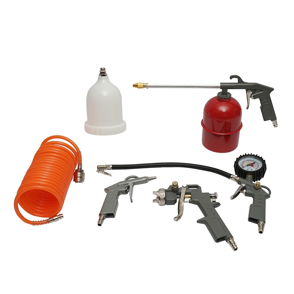 Set 5 piese aer comprimat cu furtun spiralat 5m, pistol spalat, vopsit, umflat si suflat aer