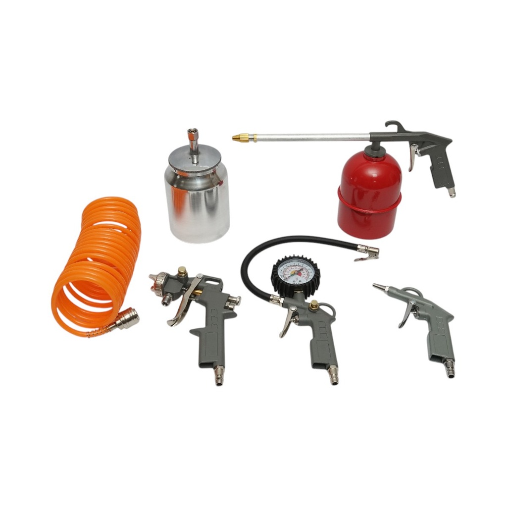 Set 5 piese aer comprimat cu furtun spiralat 5m, pistol spalat, vopsit, umflat si suflat aer
