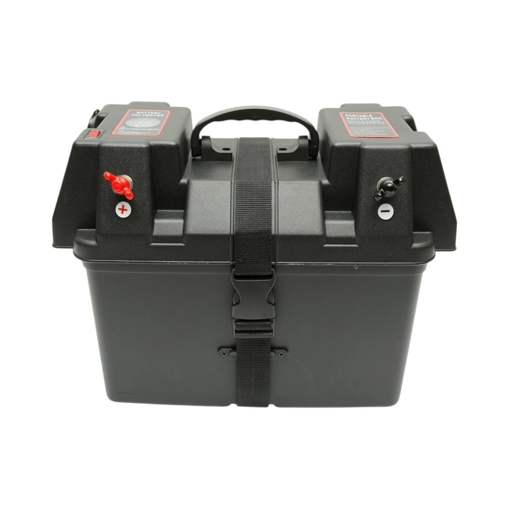 Cutie baterie auto 12V cu voltmetru DC 6-36V, afisaj LCD, intrerupator cirucit 16A, 2 prize bricheta, 2xUSB 340x195x200mm