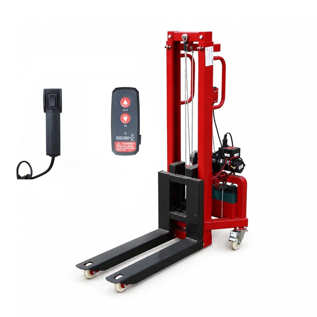 Transpalet manual 300kg cu ridicare electrica 12V, inaltime maxima 1.6m, telecomanda wireless