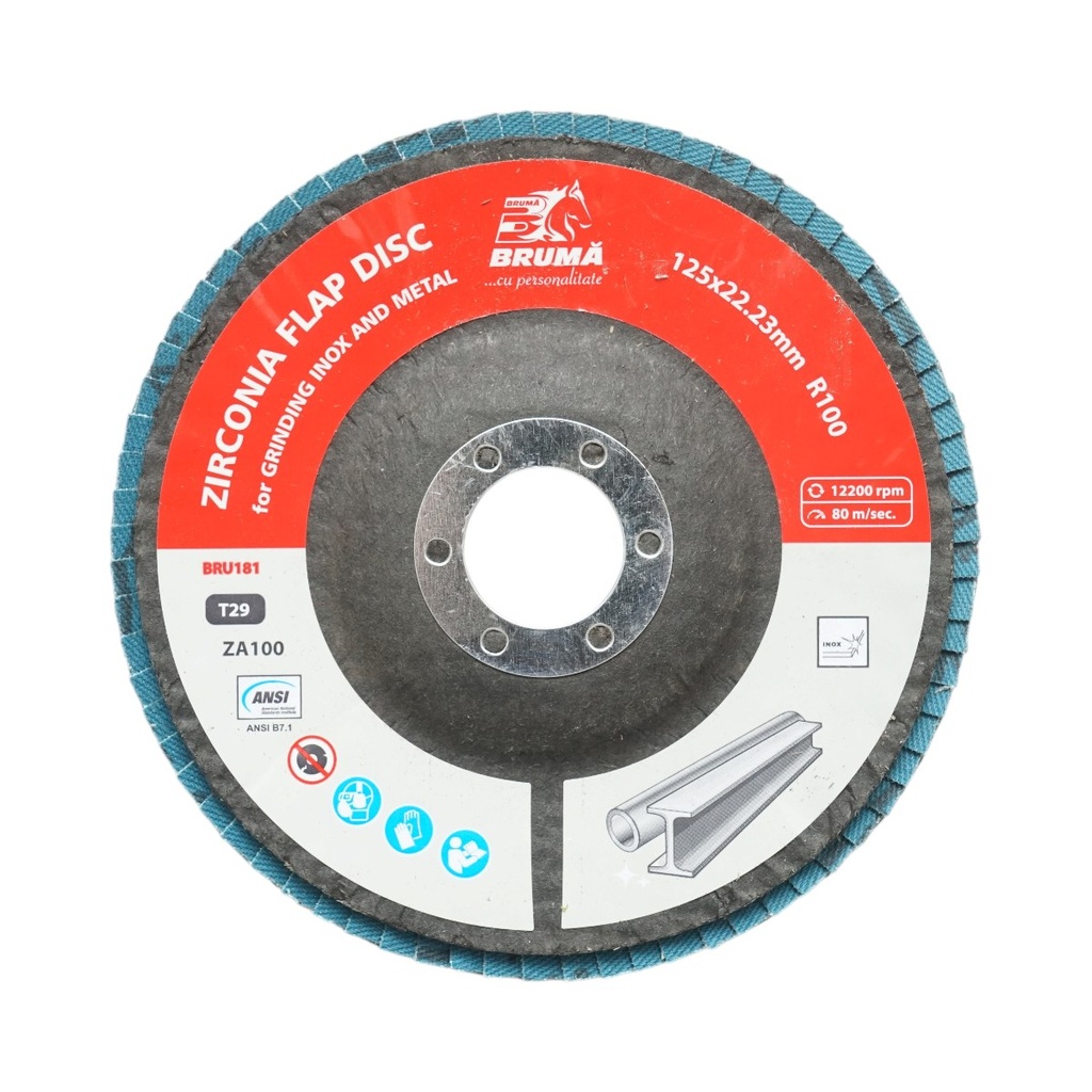 Disc lamelar abraziv cu zirconiu 125x22.23mm T29 R100 pentru slefuire, polizare metal si inox