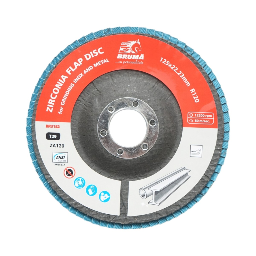 Disc lamelar abraziv cu zirconiu 125x22.23mm T29 R120 pentru slefuire, polizare metal si inox