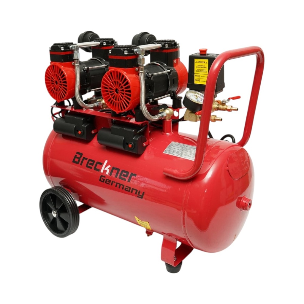 Compresor aer 50L fara ulei silentios, 2 motoare 4 cilindri 1.5kW/2CP, presiune maxima 8 bar, volum aer aspirat 250L/min