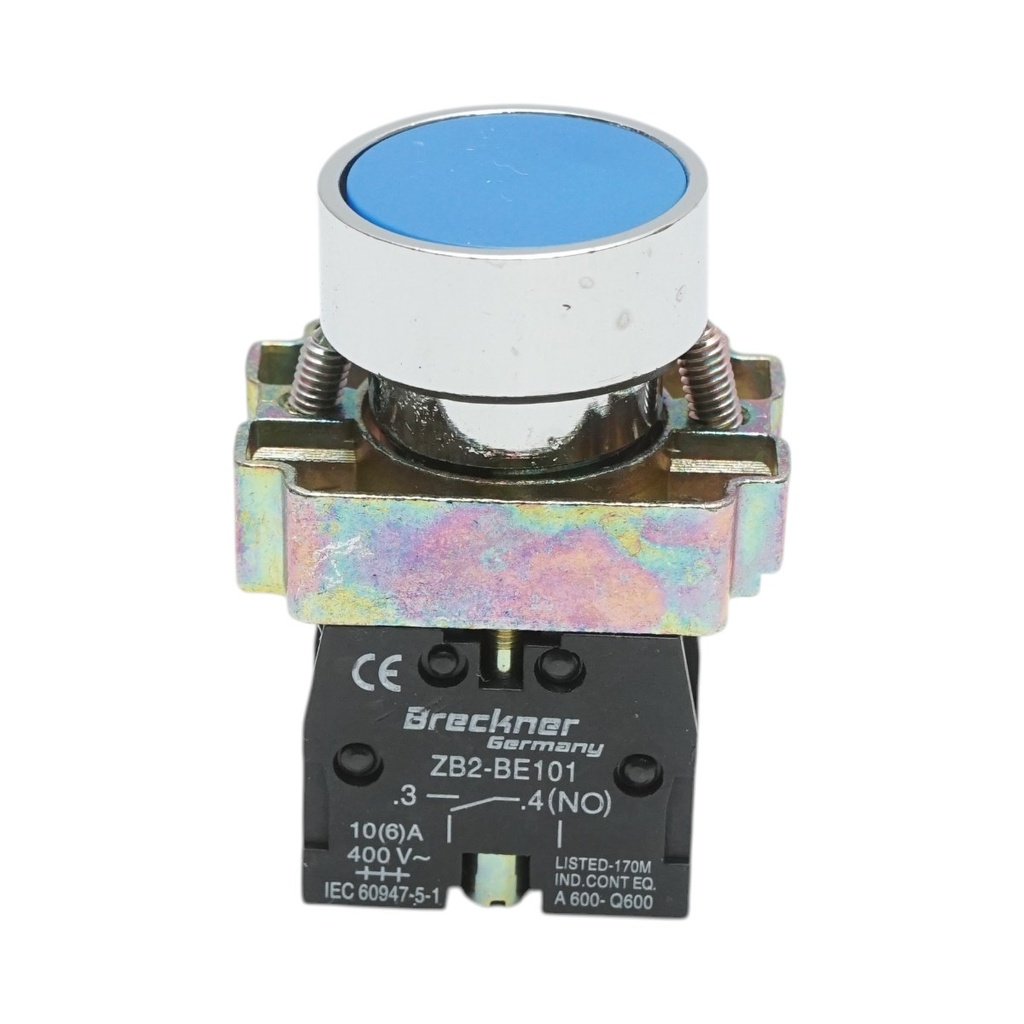 Buton comanda metalic albastru cu revenire 1NO, 400V/10A, LAY5
