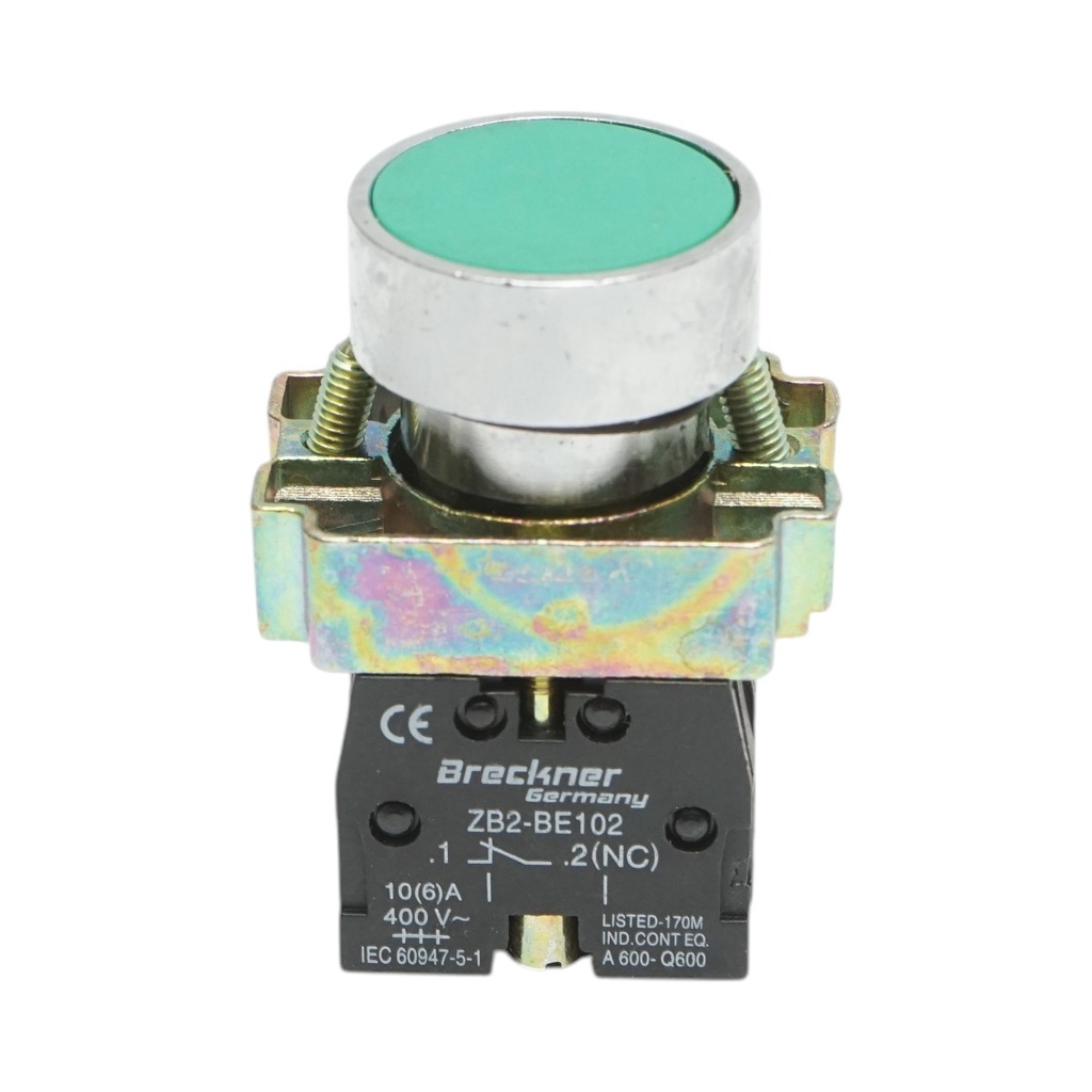 Buton comanda metalic verde cu revenire 1NO+1NC, 400V/10A, LAY5