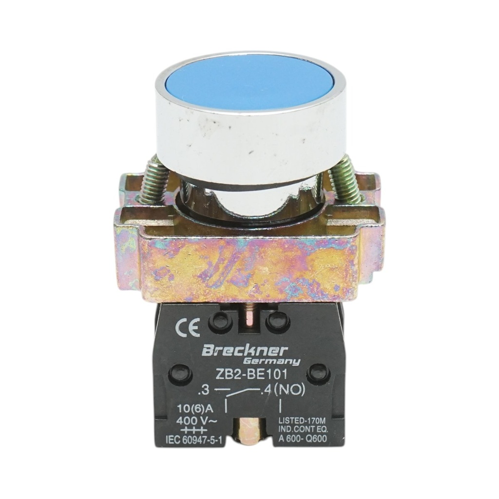 Buton comanda metalic albastru cu revenire 1NO+1NC, 400V/10A, LAY5