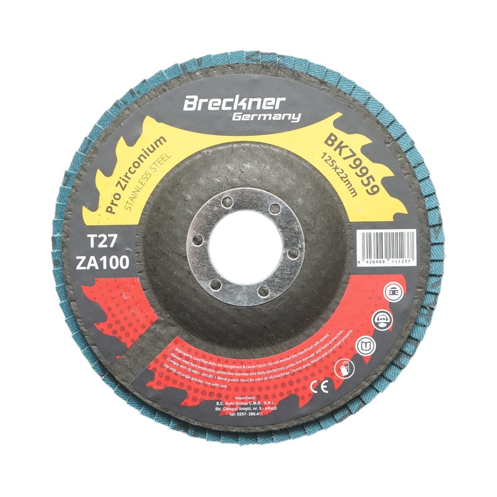 Disc lamelar abraziv cu zirconiu 125x22mm T27 ZA100 pentru slefuire, polizare metal si inox
