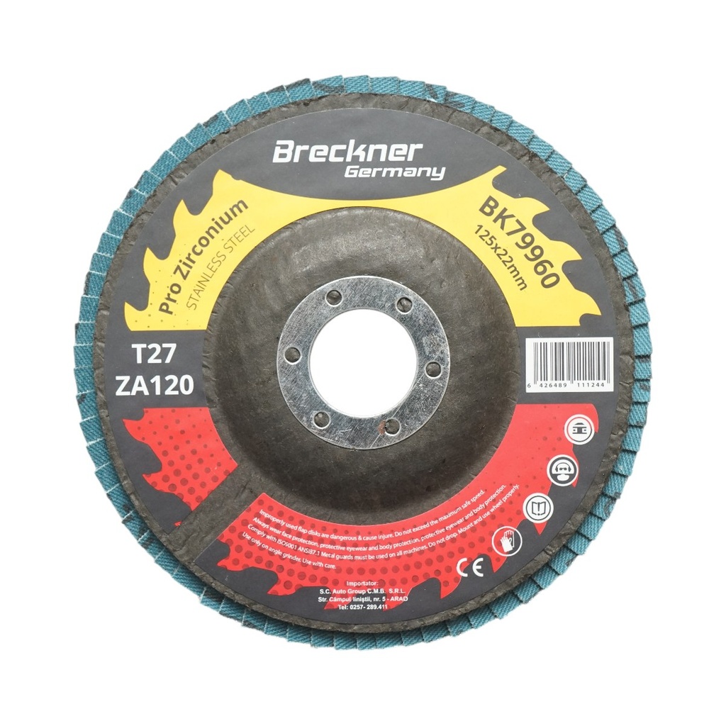 Disc lamelar abraziv cu zirconiu 125x22mm T27 ZA120 pentru slefuire, polizare metal si inox