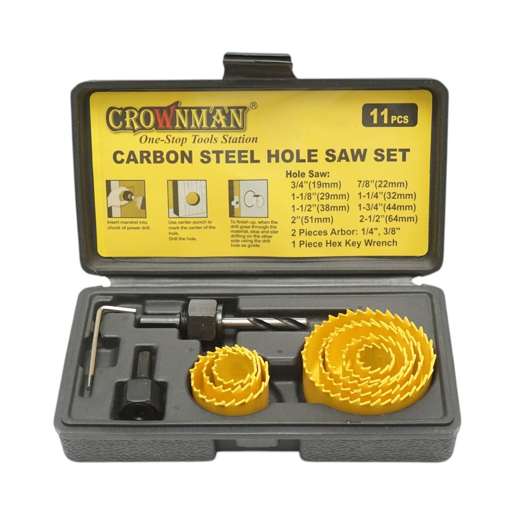 Set carote circulare otel carbon 19-64mm pentru lemn, rigips, PVC 11 piese Crownman