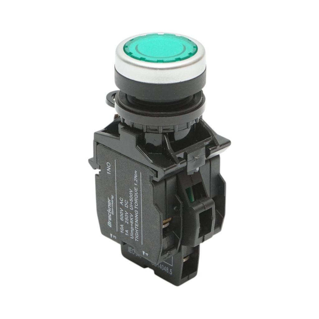 Buton comanda iluminat LED 220V AC verde cu revenire 1NO+1NC, 10A/600V AC, 1A/250V DC LA42