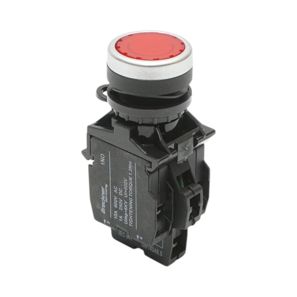 Buton comanda iluminat LED 24V AC/DC rosu cu revenire 1NO+1NC, 10A/600V AC, 1A/250V DC LA42