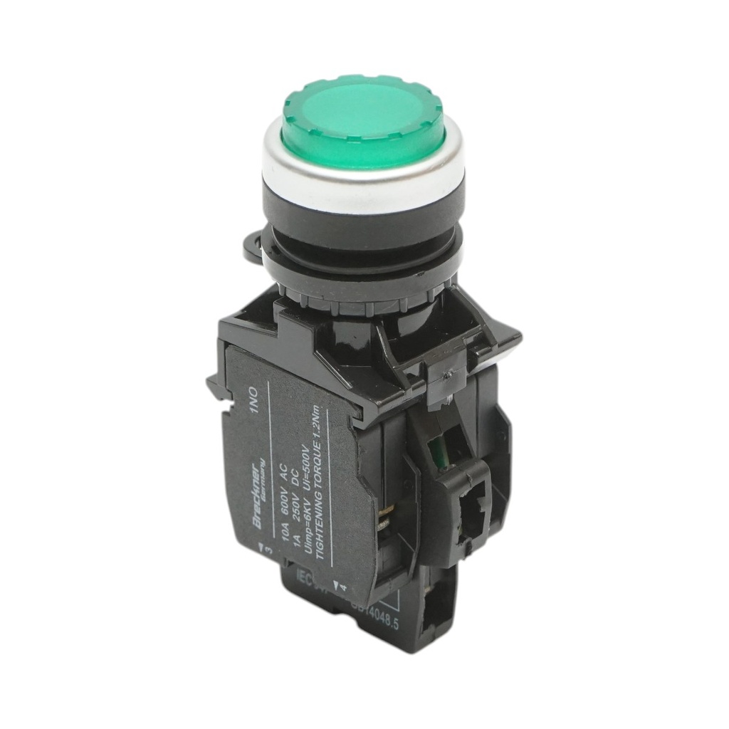 Buton comanda iluminat convex LED 24V AC/DC verde cu revenire 1NO+1NC, 10A/600V AC, 1A/250V DC LA42