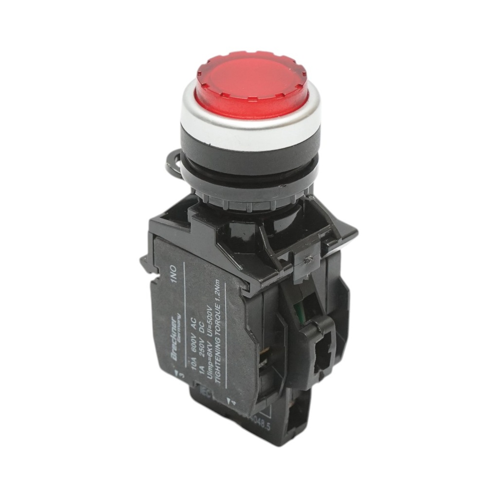 Buton comanda iluminat convex LED 24V AC/DC rosu cu revenire 1NO+1NC, 10A/600V AC, 1A/250V DC LA42