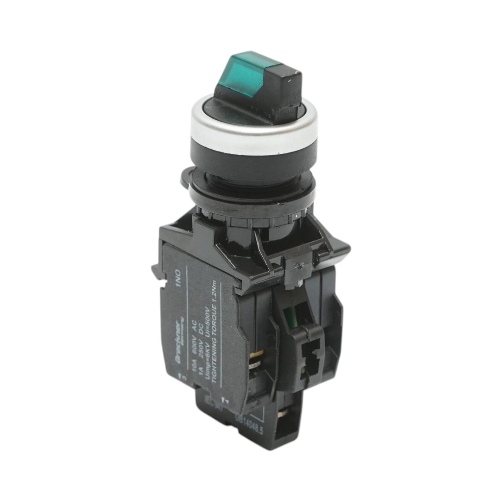 Buton selector iluminat 24V AC/DC LED verde cu 2 pozitii 1NO+1NC, 10A/600V AC, 1A/250V DC LA42