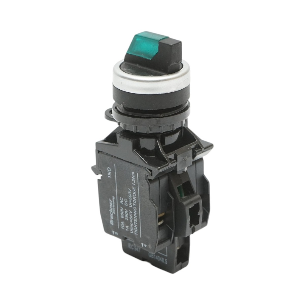 Buton selector iluminat 220V AC LED verde cu 2 pozitii 1NO+1NC, 10A/600V AC, 1A/250V DC LA42