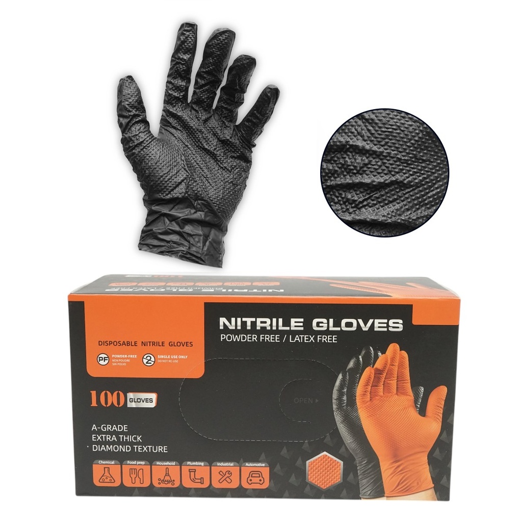Manusi din nitril negre nepudrate cu textura diamond grip, marimea M 100 buc/cutie