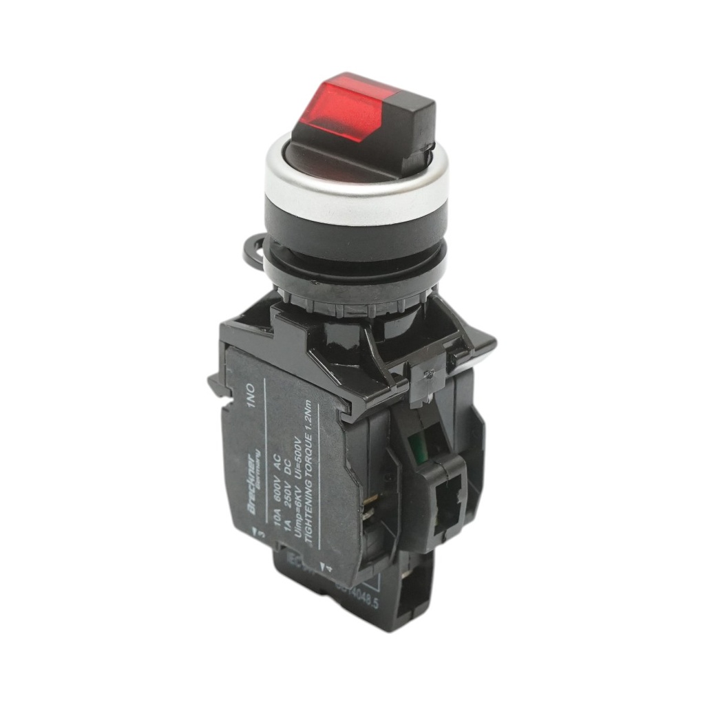 Buton selector iluminat 220V AC LED rosu cu 2 pozitii 1NO+1NC, 10A/600V AC, 1A/250V DC LA42